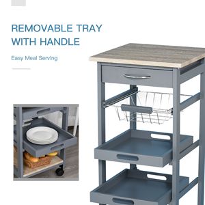 Chariot de cuisine roulant gris moderne avec plateau coulissant, panier réglable, matériaux durables en métal, plastique, bois, MDF et fer - Product Image 5