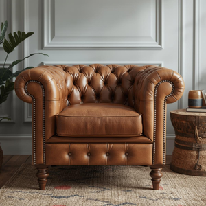 Fauteuil d'appoint en cuir marron de style vintage avec pieds en bois, canapé simple de style mid-century pour le salon - Product Image 1