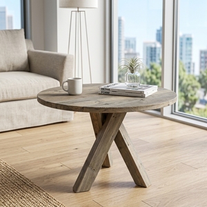 Modern Round Solid Wood Coffee <b>Table</b> Elegant Crossed X Base <b>Wooden</b> Accent <b>Table</b> For <b>Rustic</b> Living Room Setup Art Design Pure Art - Product Image 3