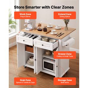 Îlot de cuisine en bois massif avec rangement, chariot mobile de 43,58 pouces de large avec roulettes pivotantes, 2 tiroirs et armoire de rangement - Product Image 5