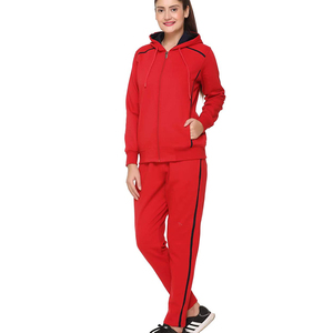 Ensemble de survêtement pour femmes, rouge, à capuche, manches longues, fermeture éclair, couleur unie, style sportif, matière polyester respirante, vêtements d'automne - Product Image 3