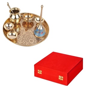Gold Plated Brass <b>Prayer</b> Tray With Bell And <b>Candle</b> Holders Floral Embossing Circular Design For Religious Use - Product Image 1