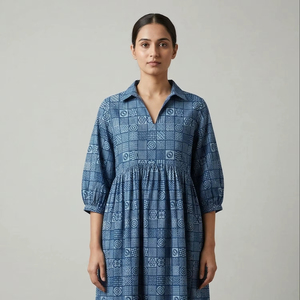 Robe midi en coton faite à la main pour femmes, col en V, manches bouffantes, silhouette en A, tenue de bureau formelle, imprimé floral, respirante, écologique - Product Image 1