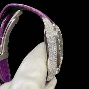Moissanite Diamond Luxurious <b>Square</b> Case Roman Numerals Wristwatch Purple Color Leather Band <b>Man's</b> All Function Suitable <b>Watch</b> - Product Image 6