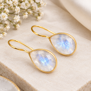 Natural Moonstone Bezel <b>Set</b> Dangle Earring - Handmade Gold Plated Teardrop Earring <b>Gift</b> For <b>Woman</b> - Product Image 1