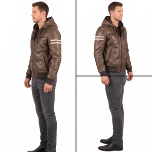 Blouson de motard unisexe en cuir marron enduit, écologique, décontracté, à capuche, avec fermeture éclair sur le devant et poignets côtelés - Product Image 3