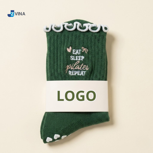 Custom LOGO Pilates <b>Socks</b> Slogan Embroidered Heart Silicone <b>Grip</b> Ruffle Cuff Anti-Slip Cotton Studio <b>Socks</b> for Women Yoga Barre - Product Image 3