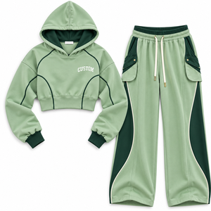 Custom Women's Sage Green Cargo <b>Jogger</b> Set Dark Forest Panel <b>Cropped</b> Hoodie Utility Pocket Tracksuit OEM Wholesale Manufacturer - Product Image 3