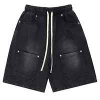 Shorts en coton vintage délavé pour homme, coupe brute, effet délavé à l'acide, style streetwear, avec cordon de serrage épais et patch appliqué