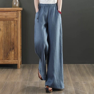 Pantalon large en lin pour femme, taille haute, avec cordon élastique, en coton, décontracté, avec poches - Product Image 3