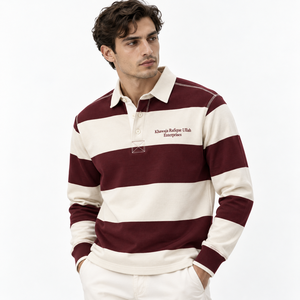 <b>Men's</b> Green and <b>White</b> Striped <b>Long</b> <b>Sleeve</b> Rugby Jersey Polo <b>Shirt</b> with Button Placket Green <b>white</b> striped rugby jersey <b>Long</b> - Product Image 4