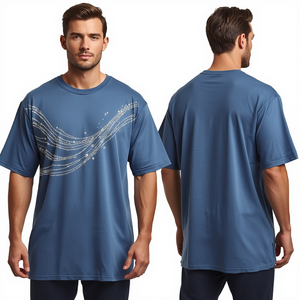 T-shirt en coton épais surdimensionné bleu poussière avec strass pour homme – Vêtement de luxe tendance en gros - Product Image 4