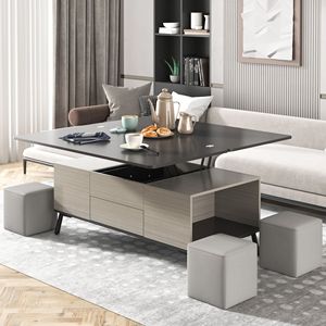 Set di 5 Tavoli Convertibili con Piano Sollevabile per Caffè e Pranzo, con Pouf Contenitori per Uso Multifunzionale - Product Image 1