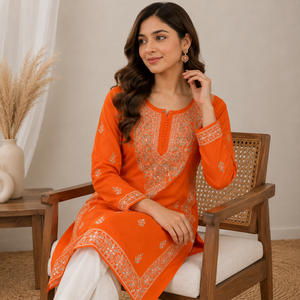 Kurti droit en coton brodé à la main style Lucknowi Chikankari, simple et élégant, tunique ethnique pour femme, Kurti orange - Product Image 2