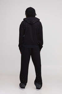 High Demanding Tall Shrunken Rhinestone <b>Black</b> Men <b>Zip</b> <b>Hoodie</b> & Jogger Set Breathable Cotton Blended Rhinestone Men Tracksuit - Product Image 3