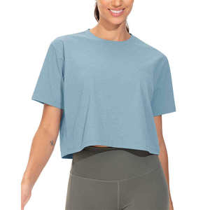 Haut court asymétrique pour femme à manches courtes, col rond, coupe ajustée, tricoté, séchage rapide, décontracté, mode estivale, léger et respirant - Product Image 3