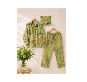 Conjunto de Pijama de Algodón con Estampado Artesanal, Diseño Floral Azul Jaipur, Tallas Grandes, Cuello en V, Cierre con Cordón, Largo Completo, para Mujer - Product Image 1