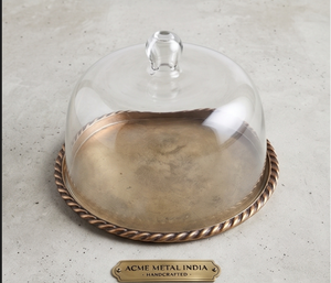 Premium Anti Dust Round Rope Border Metal Serving <b>Tray</b> With Glass Lid Round Classic Design Reusable For Party Use <b>Dinner</b> - Product Image 3