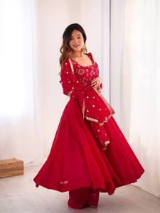 Women's <b>Red</b> Embroidered Gown& Bottom With Dupatta Floor-Length Traditional Wedding Dress Loose Fit Indian Pakistani Clothing - Product Image 1