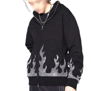 Sudadera con capucha negra para hombre con cremallera, estampado de llamas con pedrería, estilo urbano, corte oversize, manga regular, de algodón tejido, para otoño - Product Image 6