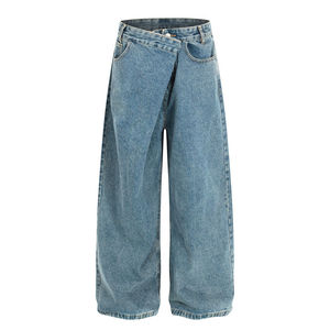Pantalon décontracté NEXO INDUSTRIES à taille plissée, bleu délavé, avec structure à boutons obliques, coupe ample et jambe large, pour hommes et femmes - Product Image 3