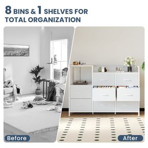 Commode moderne à 8 tiroirs avec prises électriques et étagères ouvertes pour chambre et salon, blanche - Product Image 2