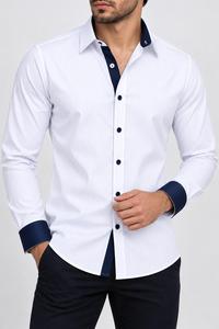 Camisa de Vestir a Rayas para Hombre, Manga Larga, Cuello Clásico, Puños en Contraste Azul Marino, Antiarrugas, Ropa Formal de Primavera, Ropa Formal para Hombre - Product Image 3