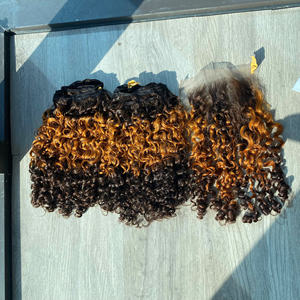 Prix de gros 100% Cheveux humains vierges bruts vietnamiens, tissage en dentelle, boucles pixie, trois tons, couleur jaune, super double drawn, extensions de cheveux - Product Image 2