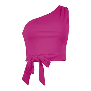 Haut court asymétrique en tricot pour femme avec nœud papillon, couleur unie, sans manches - Product Image 5