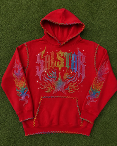 Men's Rhinestone Graphic Pullover Hoodie Custom Streetwear <b>Red</b> Oversized Hip Hop Sweatshirt with Embroidery & <b>Sequin</b> Design - Product Image 6