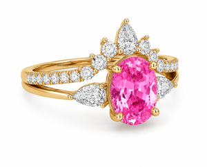 Bague de fiançailles de luxe ovale inspirée d'une couronne, sertie de pierres latérales en forme de poire et rondes, en or 10K, 14K, 18K et en argent 925, 935 - Product Image 4