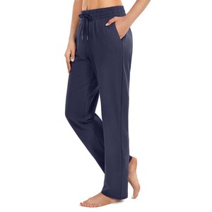 Women's Winter Navy Solid Casual Fleece 100% Cotton <b>Trousers</b> <b>Elastic</b> <b>Waist</b> Drawstring Straight Leg Full Length Pants - Product Image 2