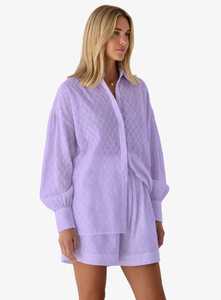 Women Lavender Button Down Shirt <b>and</b> Shorts <b>Set</b> <b>Long</b> Sleeve Turn Down Collar Loose Casual 2 Piece Outfit - Product Image 5