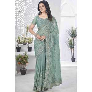 Sari de Diseño para Fiesta de Noche con Bordado de Hilo - Product Image 5