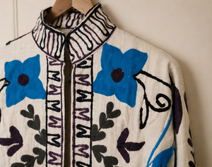 Vintage <b>Jacket</b> Cotton Blue Floral Print <b>White</b> Base Hand Embroidered Look Boho Statement Jaipuri Coat <b>Women</b> Outerwear Boutique - Product Image 2
