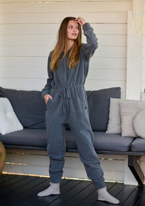 Pijama Enterizo con Capucha para Mujer, Manga Larga, Color Sólido, Tejido de Punto, 100% Poliéster, Impermeable, con Cierre de Cremallera, Informal, para Invierno - Product Image 5