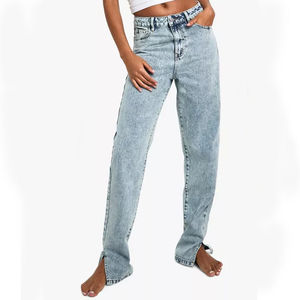 Pantalones vaqueros de mezclilla para mujer, personalizados para la temporada de otoño, con detalles de costuras en lavado oscuro, venta al por mayor, con dobladillo elástico y bolsillos tipo cargo - Product Image 4