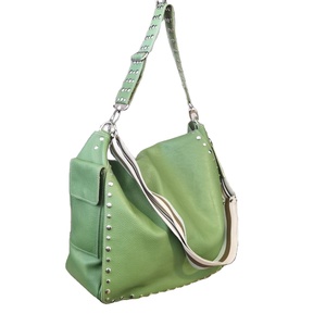 Green Leather studded Crossbody Bag, Oversized Bag with Studs, Slouchy Leather Bag with Pockets, Oversized Shoulder Bag, Made in - Product Image 1