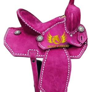 Silla de montar Western High Cantle de cuero de ante rosa intenso con costuras blancas, asiento acolchado suave y portátil, logotipo personalizado - Product Image 1