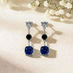 Blue Sapphire Gemstone Earrings With <b>Black</b> Obsidian Drop Cushion Cut Dangle Earrings Fine Jewelry Gift For Women - Product Image 6