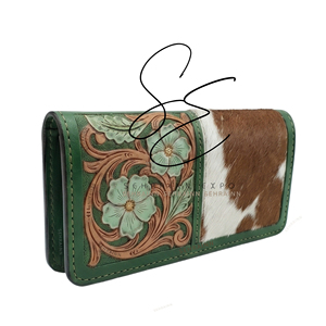 Portefeuille long élégant en cuir vert gaufré avec pochettes pour cartes et espèces, organisateur personnalisé, style cowgirl et gypsy, portefeuille fin - Product Image 2