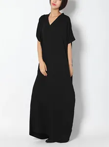 Women Black V-Neck Cotton Linen Maxi <b>Dress</b> With Short Sleeve <b>Loose</b> Fit Summer Boho Style Casual Daily Wear - Product Image 4