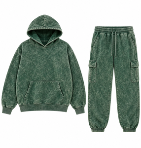 Ensemble de survêtement unisexe vert à capuche, manches longues, couleur unie, coton lavé, coupe décontractée, pour l'automne - Product Image 2
