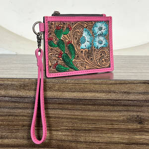 2026 Trending Pink Tooled Floral Genuine Leather <b>Card</b> <b>Holder</b> <b>Wallet</b> Women Fashionable Coin & ATM <b>Card</b> <b>Holder</b> Wristlet Clutches - Product Image 3