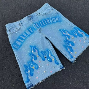 Shorts en jean baggy surdimensionnés personnalisés pour hommes, imprimé lettres, longueur genou, tricot noir, délavé soleil, effet acide, vintage - Product Image 1
