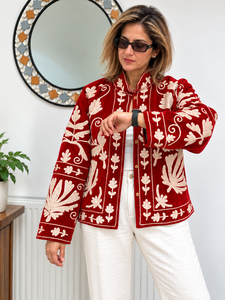 Navy <b>Velvet</b> Woven Hand Embroidered Quick Dry Cotton Winter Jacket <b>Women</b> Stand Collar Floral Button up Prairie Chic <b>Coat</b> - Product Image 2