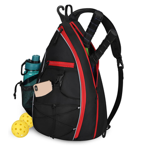 Sac à dos de sport bandoulière en nylon résistant à l'eau 30-40L avec fermeture éclair, noir avec accent rouge et poche en filet - Product Image 6