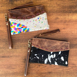 Bolsa de borla con cremallera de cuero de vaca para mujer, pelo de alta calidad en cuero genuino metálico, tarjetero, carteras de viaje - Product Image 4