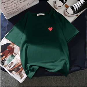 Camiseta Básica Elástica de Algodón para Mujer de Alta Calidad, Transpirable, con Estampado de Corazón, Informal, Lisa, Teñida - Product Image 4