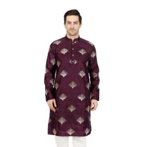 <b>Groom</b> Wear Designer Kurta <b>Set</b> <b>for</b> <b>Men</b>-Purple Semi Silk Satin with Embroidery Metallic Fan Motifs & Sequin Embellishments - Product Image 2